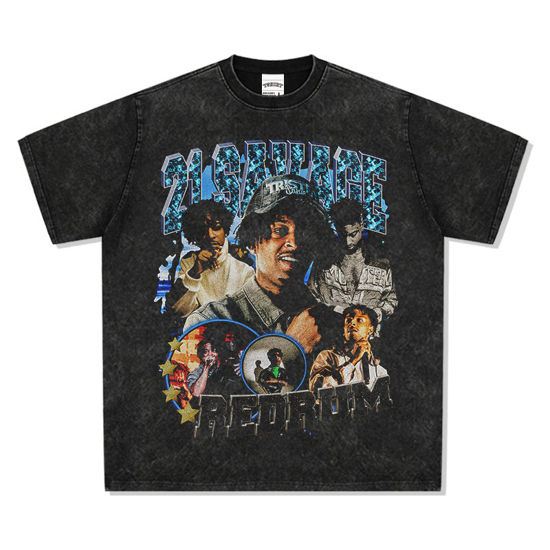 Outfit streetwear vintage hip hop 21 Savage print short sleeve t-shirt