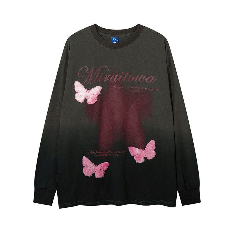 Vintage T Shirts Hip Hop retro gradual change wash water do old long sleeve T-shirt loose butterfly embroidered top