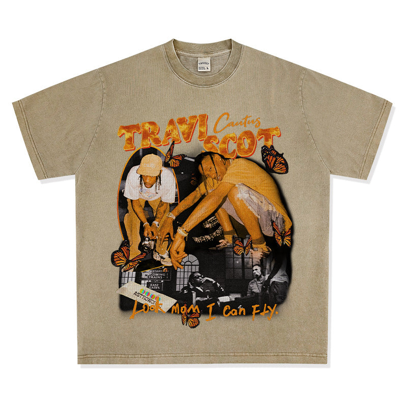New york hip hop shop BC hip hop rap Travis Scott TS print short sleeve washed old t-shirt