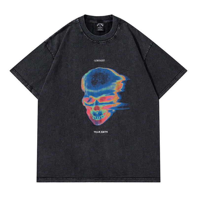 Hip Hop Clothes New York Skull Print Short Sleeve T-Shirt Loose Crew Neck