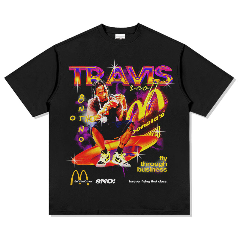 Streetwear masculino TRAVIS SCOTT Hip Hop, Loose, Printed Short Sleeve Vintage TEE