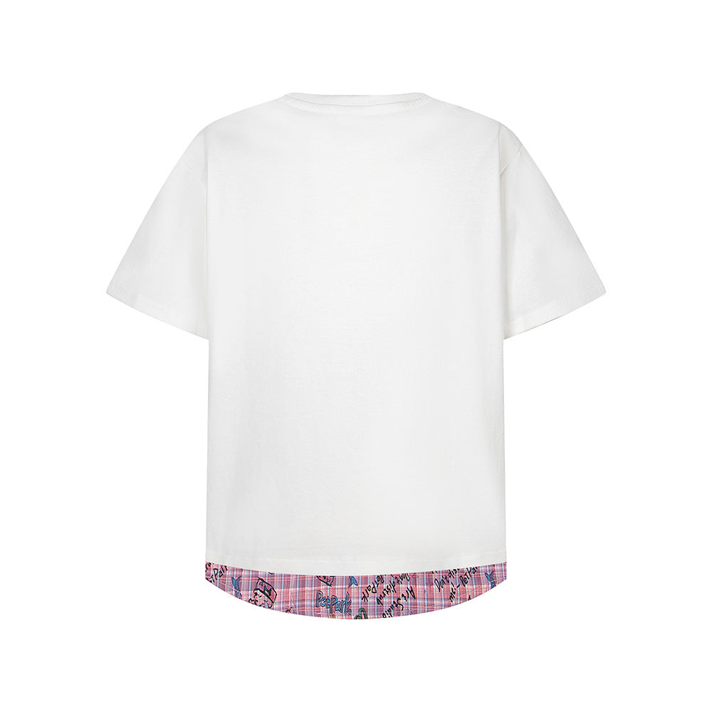 Nostalgia T Shirts 2 Vintage Tie Fake Two-piece Men's and Women's Summer Couple Short Sleeve T-Shirt Loose Casual Plaid