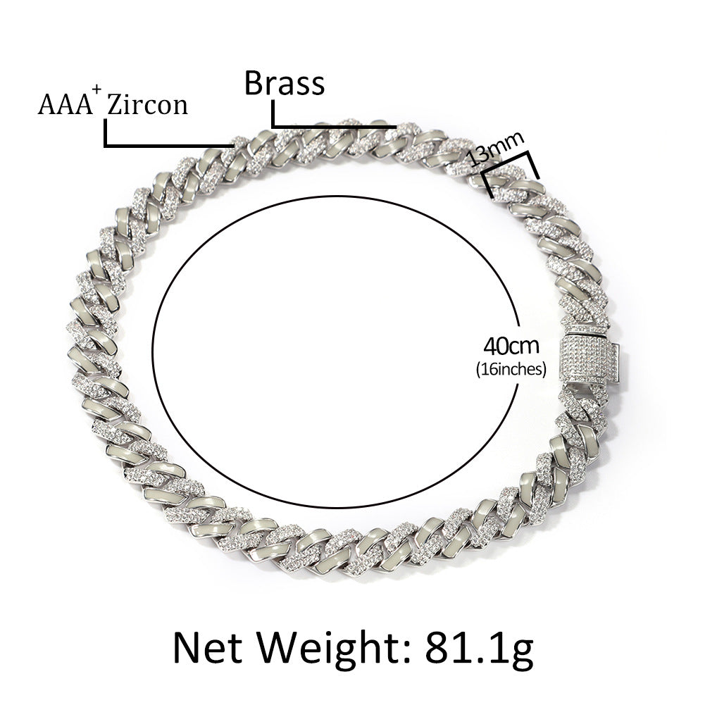 Jewelry Hip Hop Zircon Cuban Chain 13mm Luminous Silver Night light Royalty