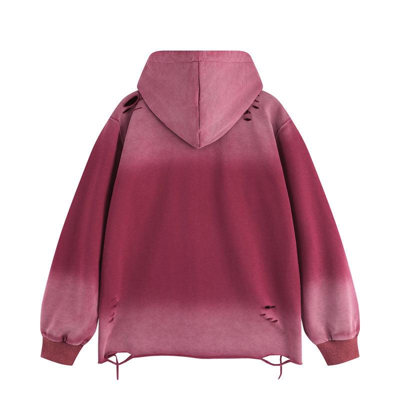 Streetwear Hoodie embroidery gradual change color hooded sweater vintage washed do old ripped hoodie