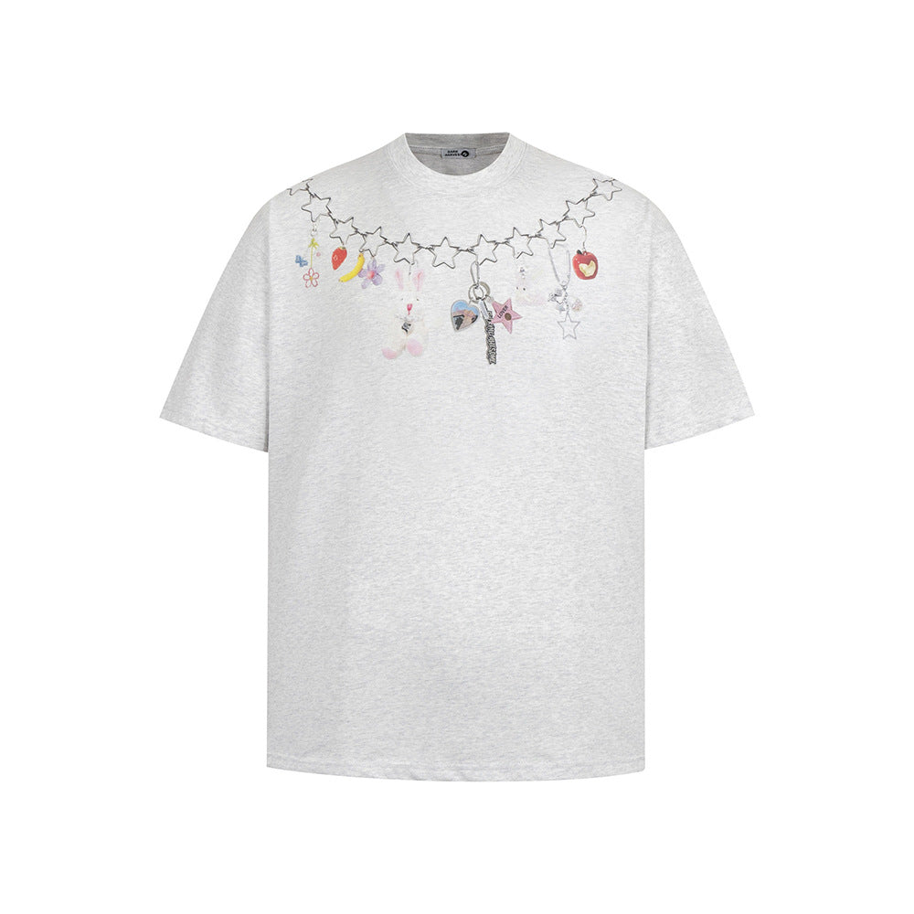 New York Hip Hop Style Vintage Necklace Printed Pendant Summer Casual Loose T-Shirt