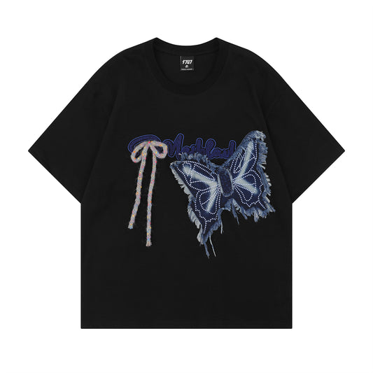 Distorted vintage butterfly embroidered short-sleeved t-shirt