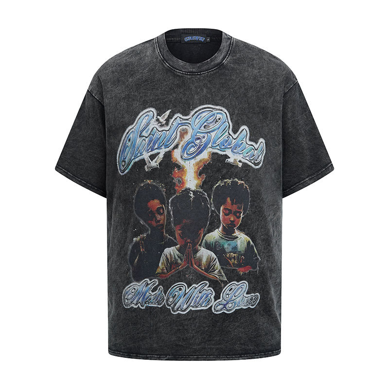 Hip hop clothing new york summer retro hip hop washed old t-shirt short sleeve