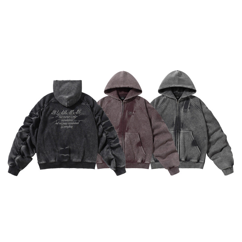 Streetwear Hoodie Winter Vintage Washed Old Hooded Sweater Loose Cardigan Jacket