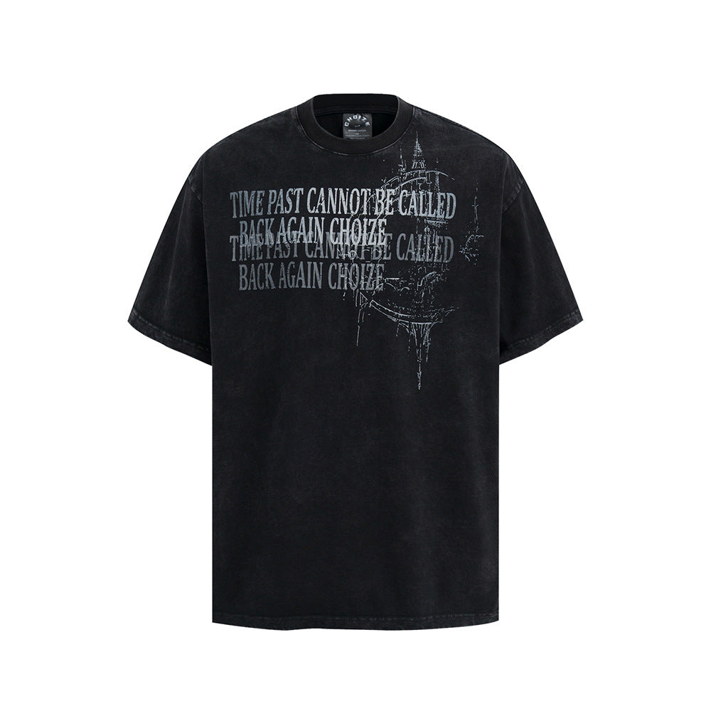 Nostalgia T Shirts Vintage Letter Print Front Shoulder Short Sleeve Loose Casual T-Shirt