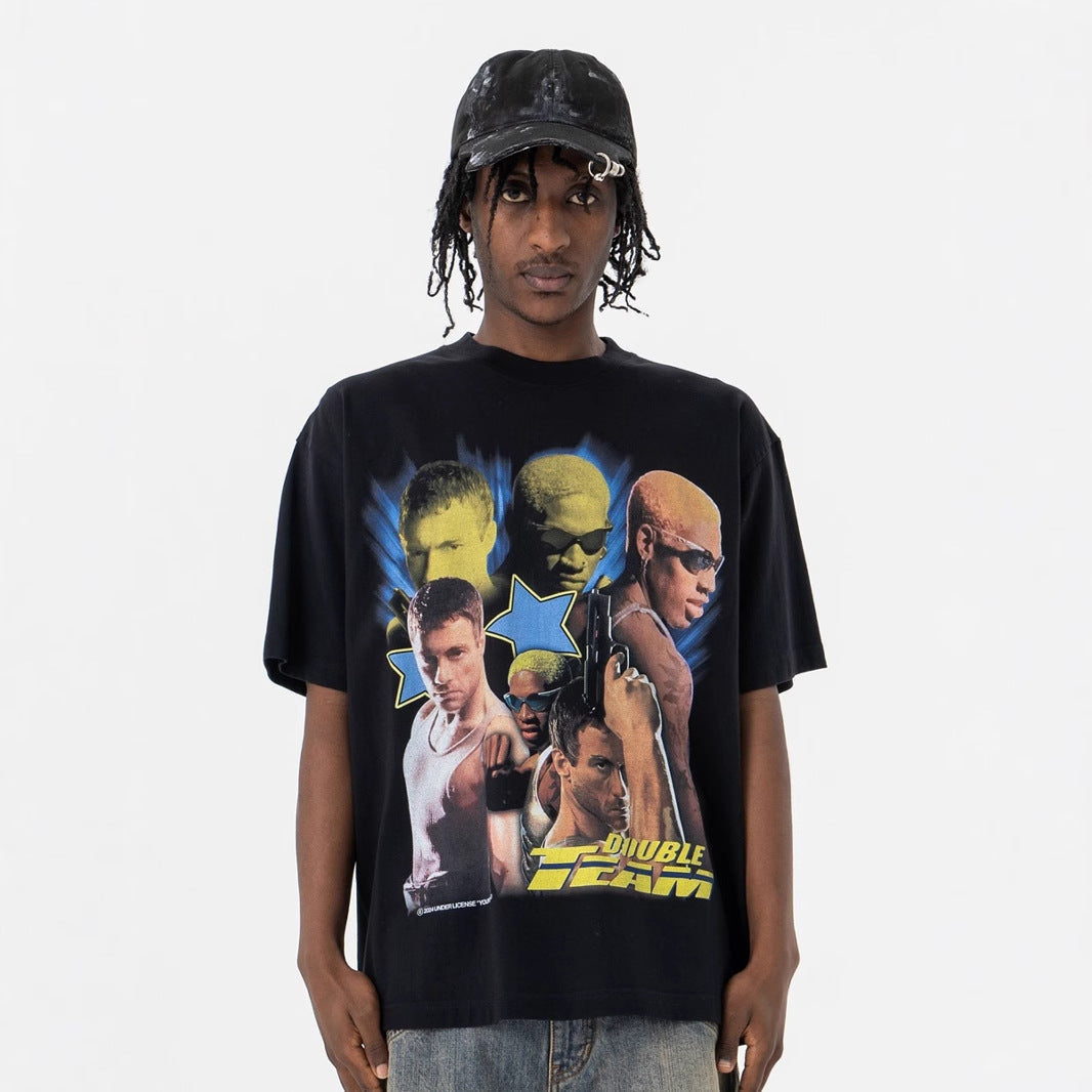 Vintage College Shirts Vintage Hip Hop Portrait Print Crew Neck Short Sleeve T-Shirt