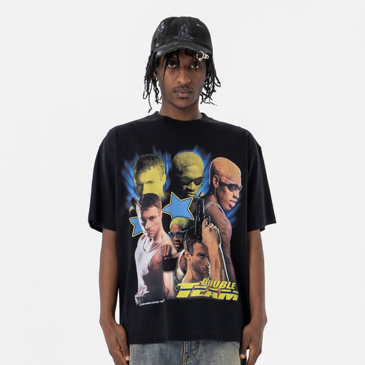 Vintage College Shirts Vintage Hip Hop Portrait Print Crew Neck Short Sleeve T-Shirt