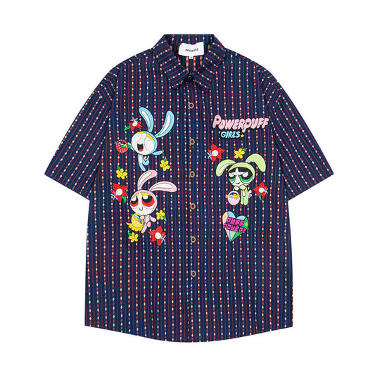 Y2K mens shirt retro loose leather-lined rabbit print casual short sleeve