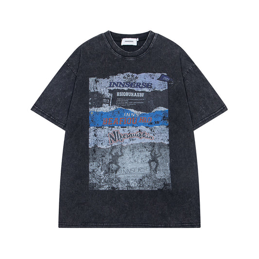 Retro Style Shirt For Men Summer Wash Old T-Shirt Short Sleeve