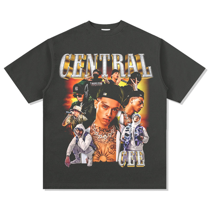 Streetwear masculino vintage hip hop central cee jinchi print short sleeve t-shirt