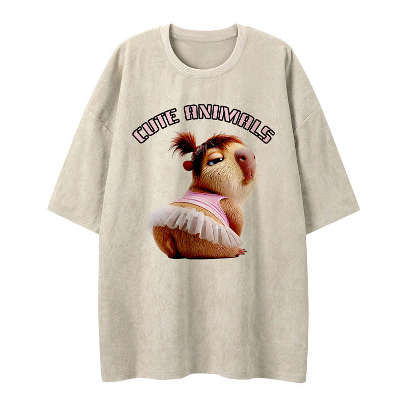 US drip outfits Summer Vintage Cartoon Animal Print Casual Loose Short Sleeve T-Shirts
