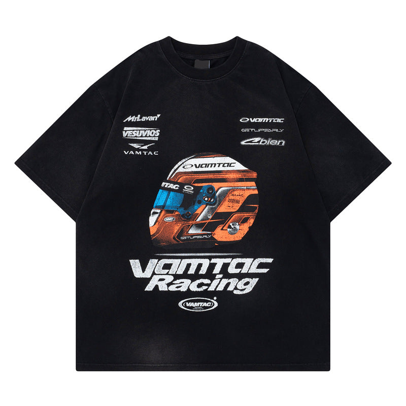 Racing oversized t shirt retro old letter print short sleeve t sleeve