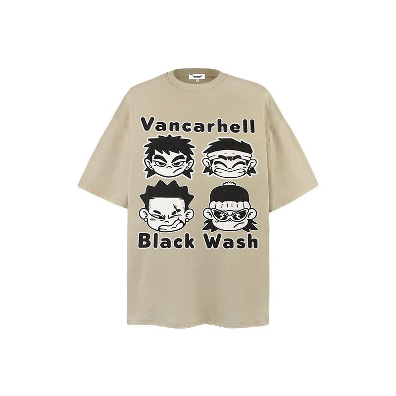 American vintage street T-shirt cartoon character print men loose half sleeve