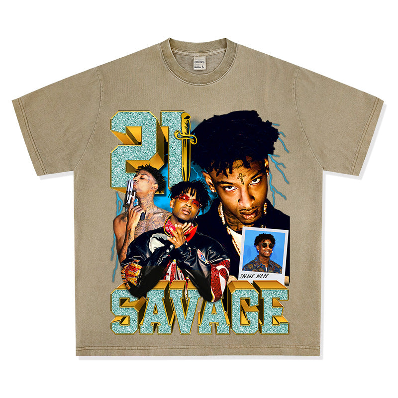 Streetwear masculino hip hop 21 savage print vintage hiphop short sleeve t-shirt