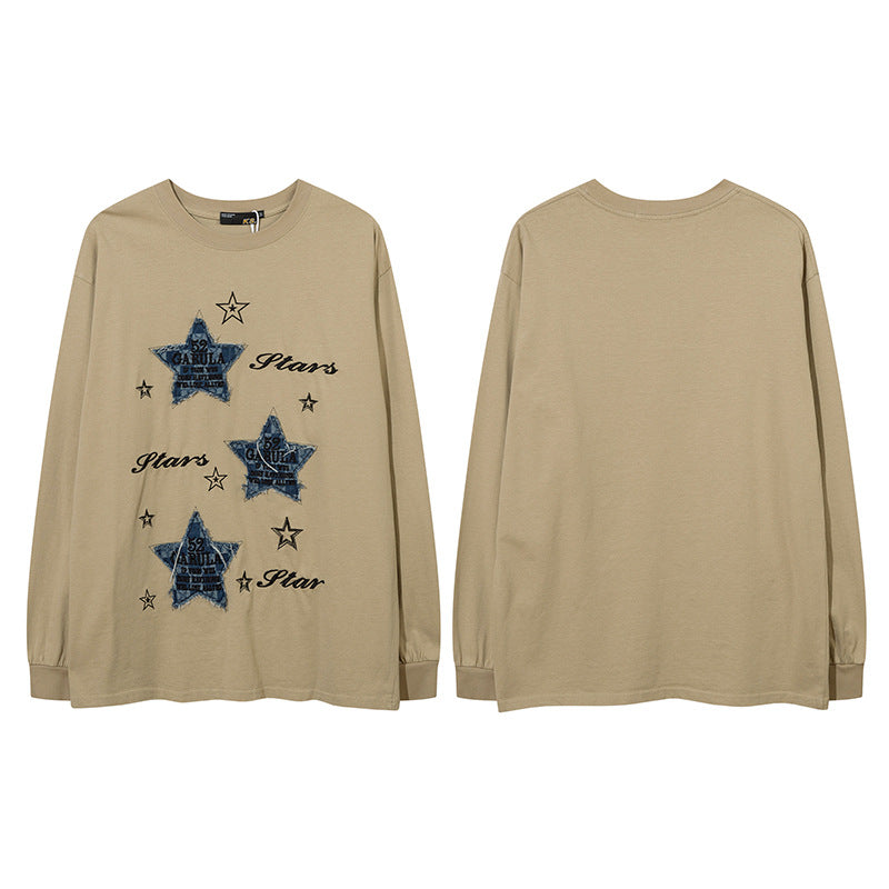 Vintage T Shirts Hip Hop Star Denim Patch Embroidered Long Sleeve T-Shirt