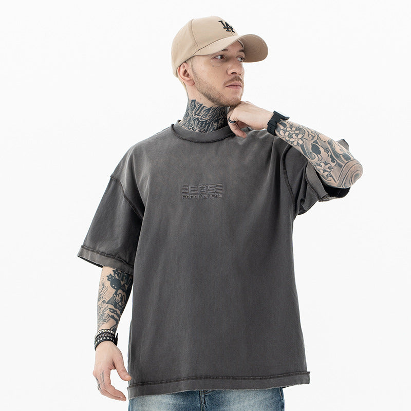 Vintage 90s Hip Hop Clothing Summer Embroidery gradual change water wash short sleeve T-shirt