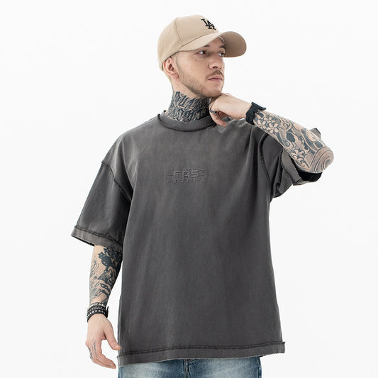 Vintage 90s Hip Hop Clothing Summer Embroidery gradual change water wash short sleeve T-shirt