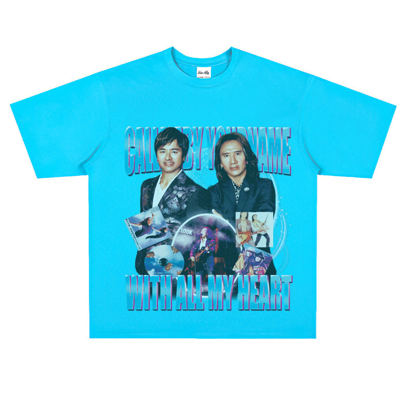 Film Star T Shirt Medium Loose Heavy Weight Retro Street Cotton T-shirt Men and Women