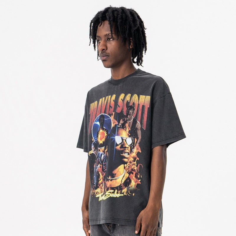 Vintage College Shirts Summer Hip Hop Singer Print Crew Neck Short Sleeve T-Shirt