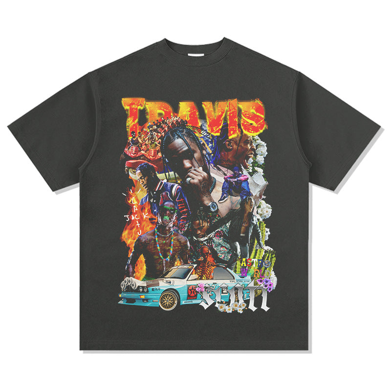 Cool t rapper vintage hip hop Travis Scott print short sleeve t-shirt loose