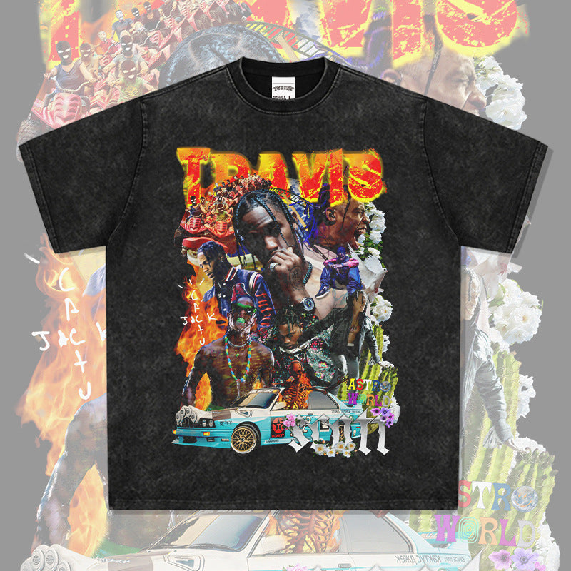 Cool t rapper vintage hip hop Travis Scott print short sleeve t-shirt loose