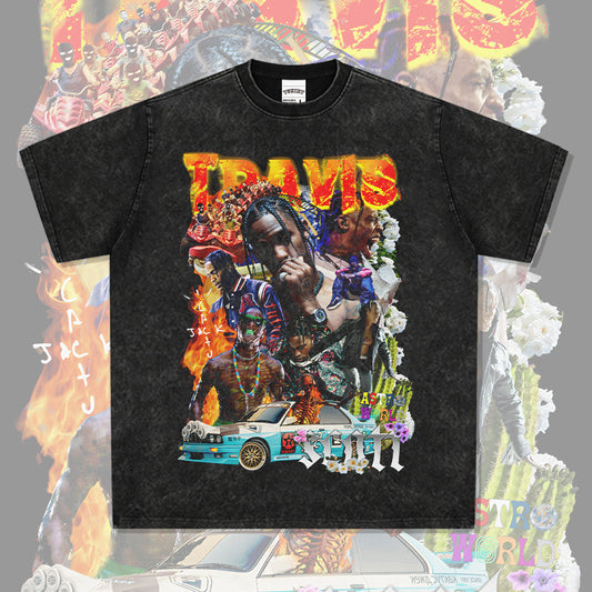 Cool t rapper vintage hip hop Travis Scott print short sleeve t-shirt loose