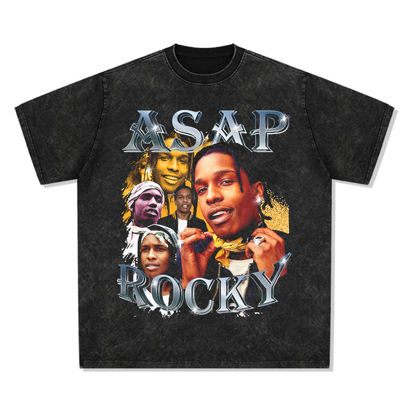 Streetwear masculino BC rapper A $AP Rocky vintage Rapper wear loose print short sleeves