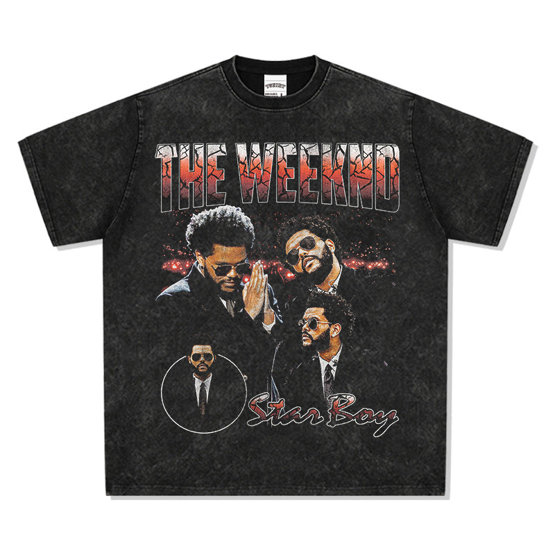 Streetwear masculino vintage weeknd print short sleeve t-shirt hip hop loose vintage