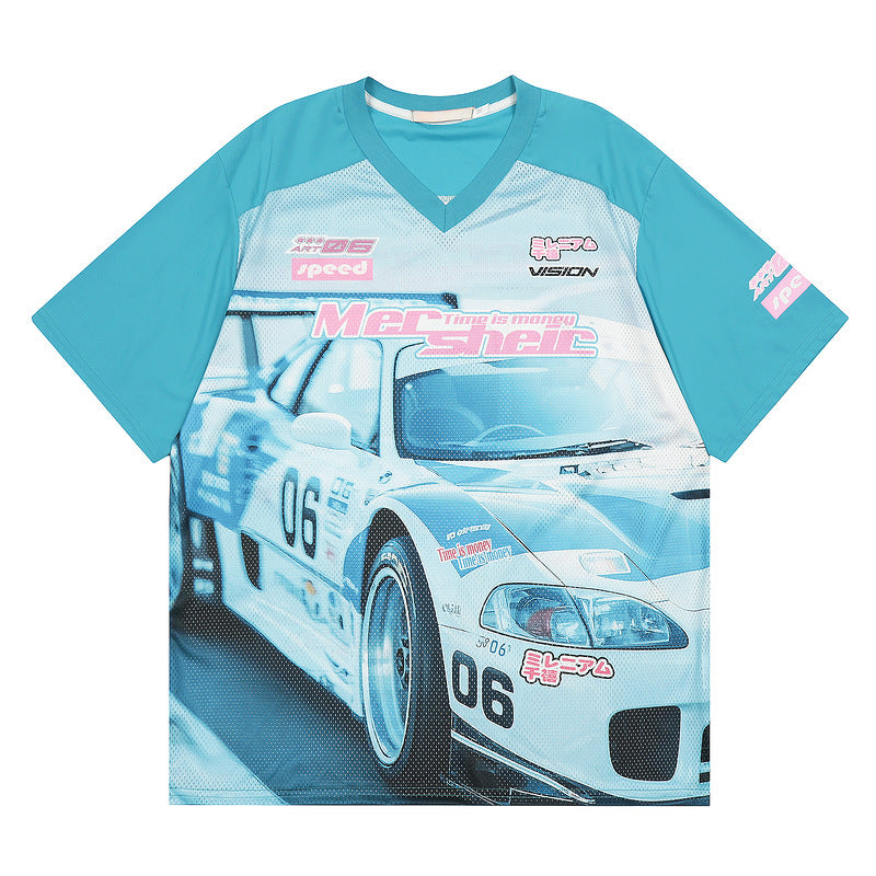 Racing oversized t shirt V-neck racing print mesh shirt T-shirt