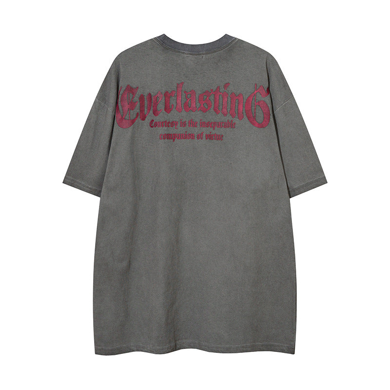 Vintage T Shirts Hip Hop Retro Pussy Washed Old Short Sleeve T-Shirt