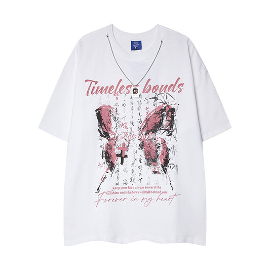 Casual Street Wear Butterfly Print Crew Neck Short Sleeve T-Shirt Vintage Loose
