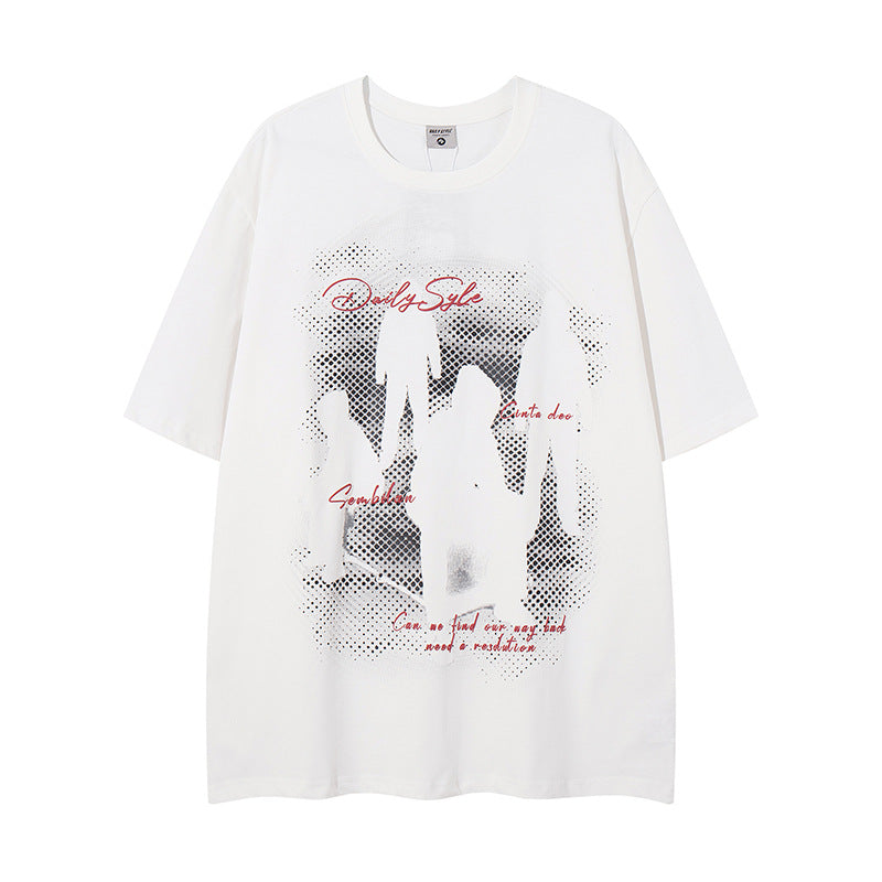 Distorted vintage black shadow portrait print short sleeve t-shirt summer oversize casual top