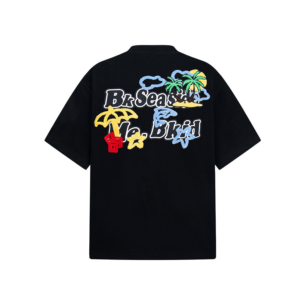 Hip Hop Clothes New York Vintage Alphabet Coconut Embroidered Short Sleeve T-Shirt