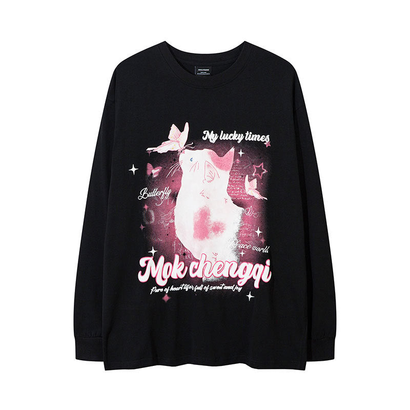 Marcas De Streetwear oversized butterfly pussy print long sleeve t-shirt
