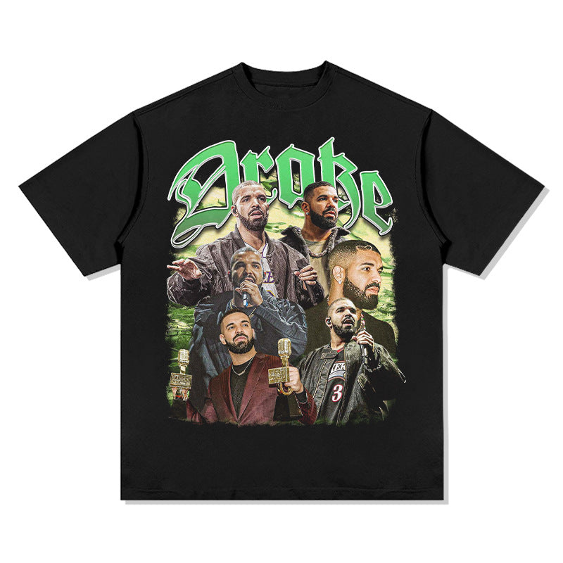 Cool t rapper Drake Printed Hip Hop Street Short Sleeve Vintage Washed T-Shirt Loose Top