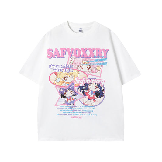 Vintage Tišö Rt Cartoon Printed Short Sleeve T-Shirt Summer Loose Top