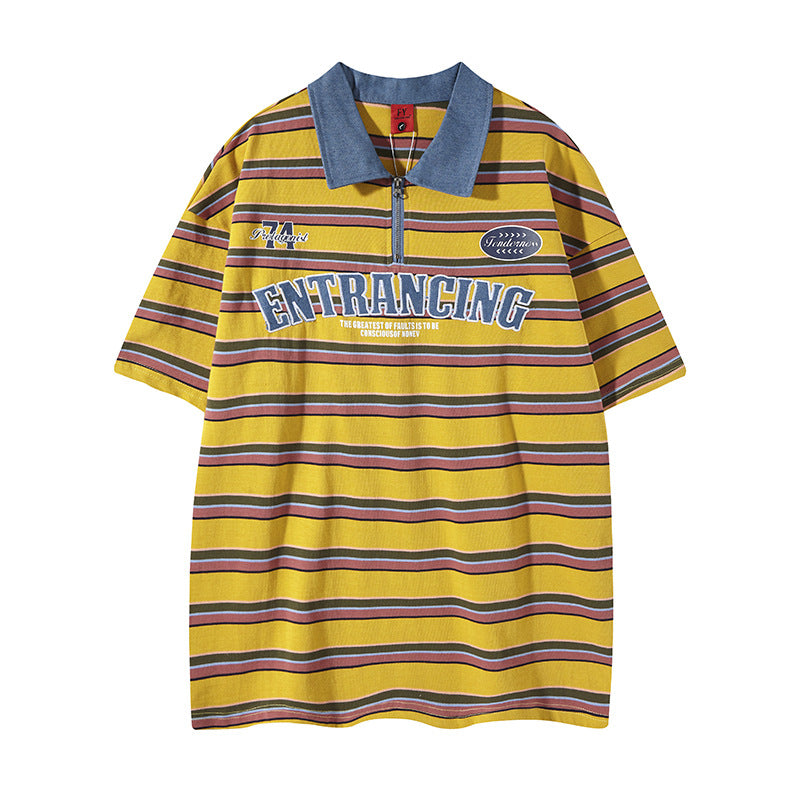 New York Hip Hop Style Vintage Striped Short Sleeve POLO Shirt Summer Alphabet Embroidered Lapel T-Shirt