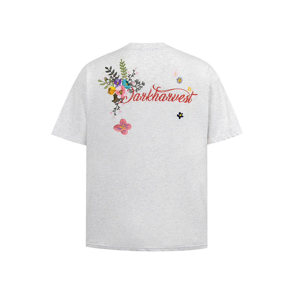 New York Hip Hop Style Floral Embroidery Short Sleeve T-Shirt