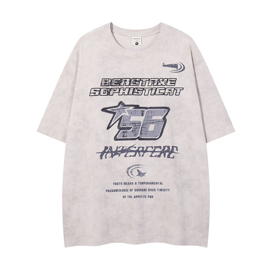 Y2K mens shirt retro washed old letter print T-shirt wide