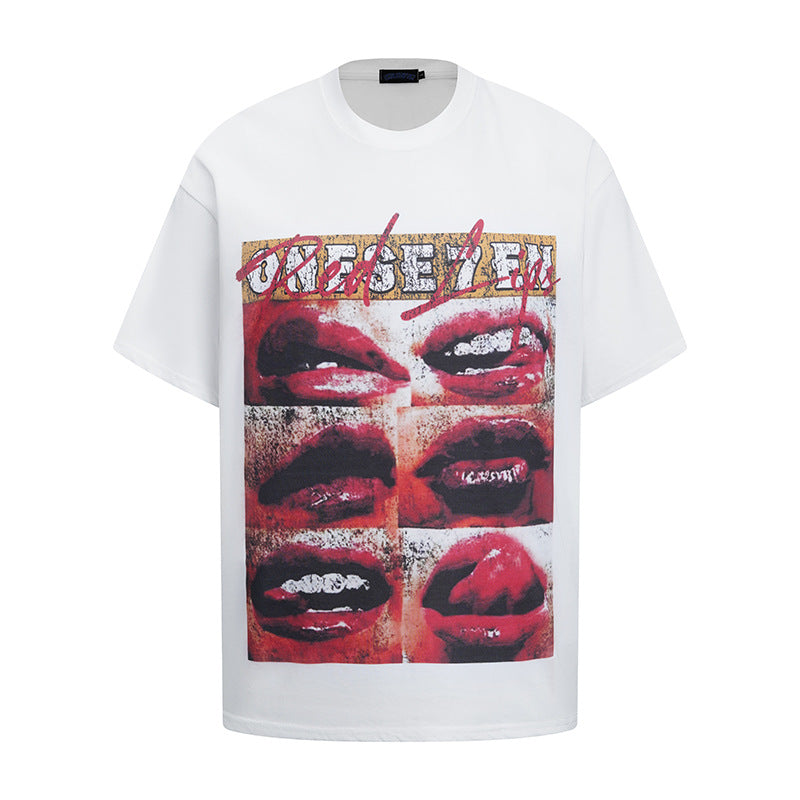 Hip hop clothing new york summer vintage hip hop lip print wash t-shirt short sleeve