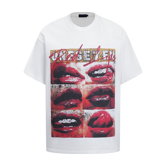 Hip hop clothing new york summer vintage hip hop lip print wash t-shirt short sleeve