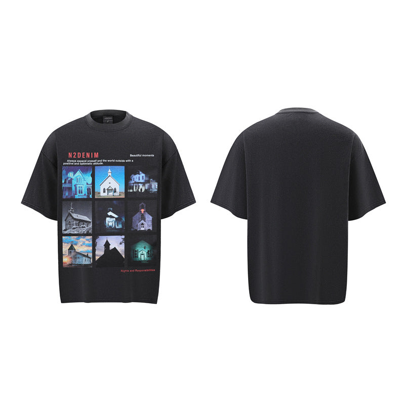 Stone Wash T shirt Building Print Short Sleeve T-Shirt