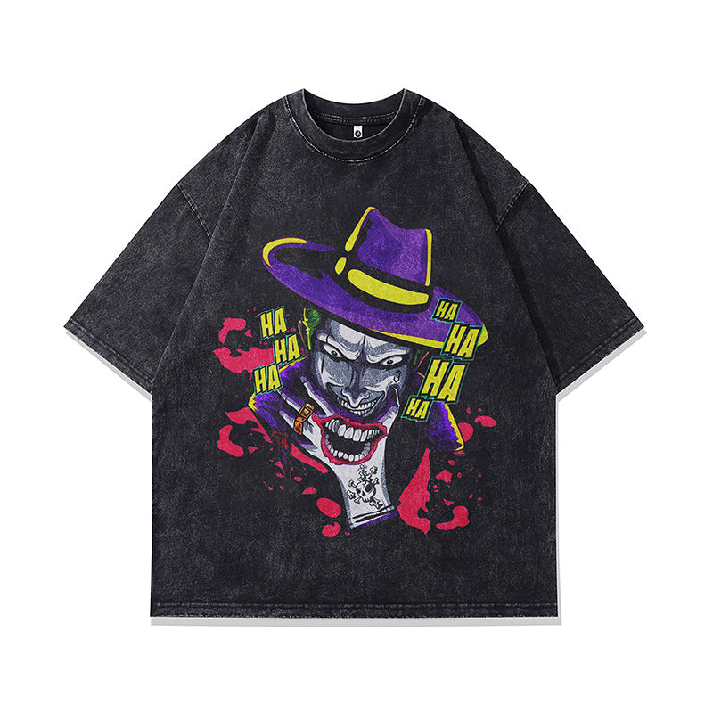 Vintage Usa Shirt Joker Print Washing Water Old Crew Neck Short Sleeve T-Shirt