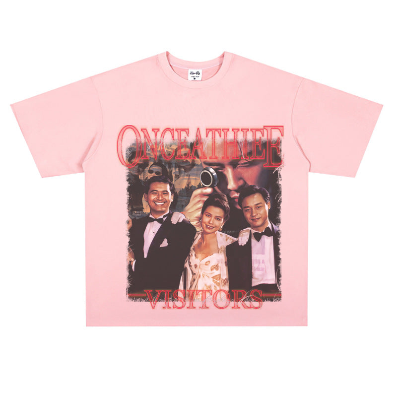 Film Star T Shirt Cotton Short Sleeve Loose round Neck Retro Nostalgic Heavy Printed T-shirt