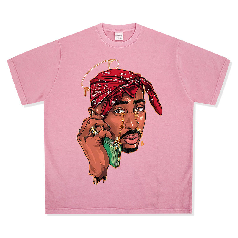 Streetwear masculino vintage hip hop tupac print short sleeve t-shirt