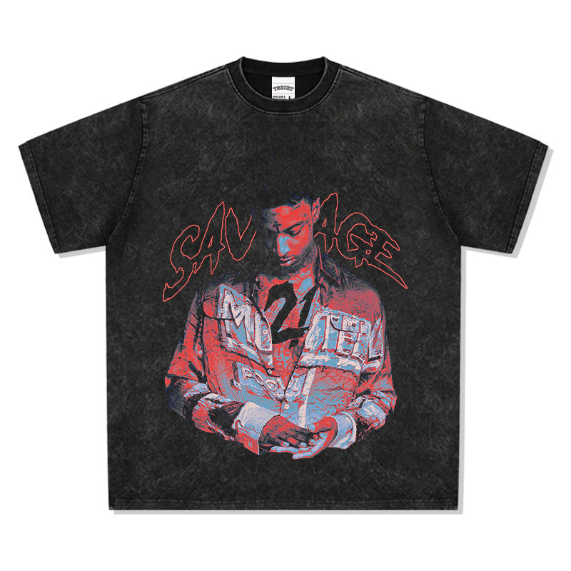 Outfit streetwear vintage hip hop 21 SAVAGE print short sleeve t-shirt